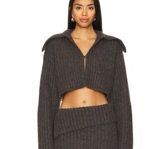 Lovers + Friends Carolina Cardigan Cropped Rib-Knit Sweater Jacket in Dark Brown